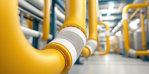 Fototapeta premium A close-up view of yellow industrial pipes in a well-lit facility, showcasing the intricate design and layout of the piping system.