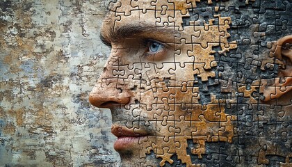 Surreal image of a man s face composed of jigsaw puzzle pieces, with a textured background, symbolizing the complexity of the human mind