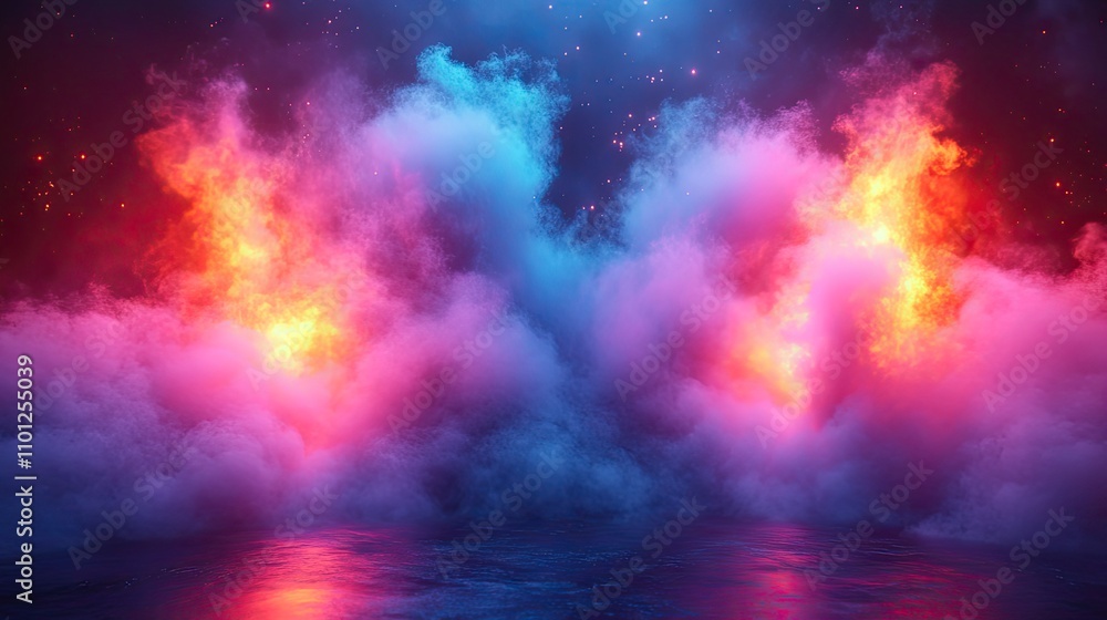 Poster neon light with fog background at night rendering
