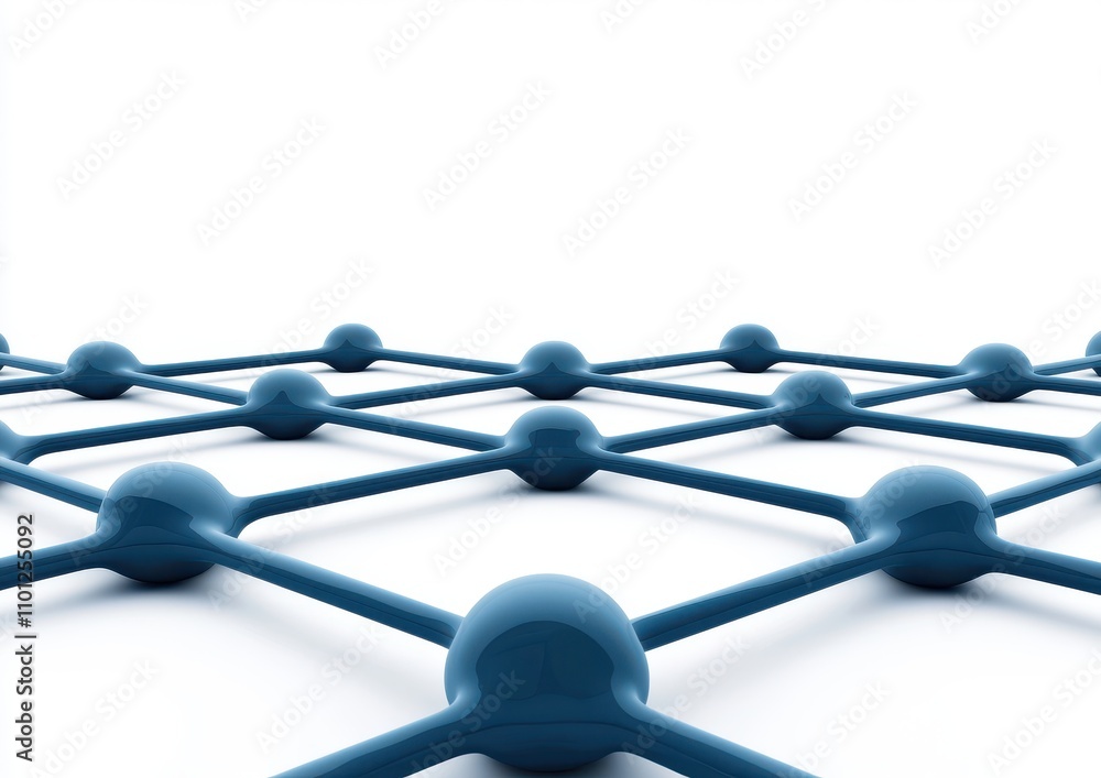 Poster a close-up view of a blue, interconnected lattice structure against a white background, emphasizing 