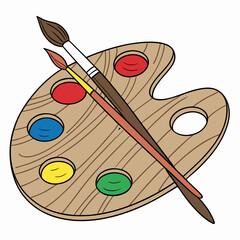 An illustration featuring a paint palette with vibrant colors and a brush resting beside it.