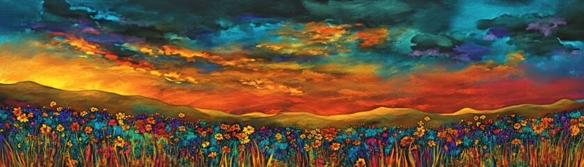Vibrant landscape with colorful flowers under a dramatic sunset sky.