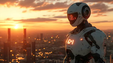 Fototapeta premium Sunset Cityscape Robot Illustration