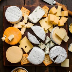 Assorted Cheese Platter with Crackers and Knife, Delicious Gourmet Cheese Selection on Wooden Board, Variety of Cheese Types for Culinary Enthusiasts