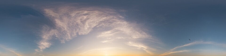 Obraz premium 360 panorama of glowing sunset sky with bright Cirrus clouds. HDR 360 seamless spherical panorama. Full zenith or sky dome sky replacement for aerial drone panoramas. Climate and weather change.