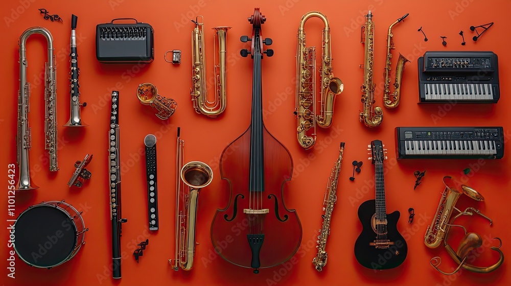 Poster notes and various musical instruments on an orange background
