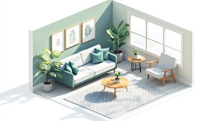 Fototapeta premium Isometric view of a modern living room with sofa, armchair, plants, and natural light.