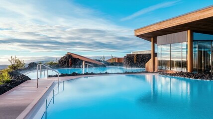 Fototapeta premium Serene panoramic view of the Blue Lagoon spa with tranquil lagoon pools nestled in a lush landscape.