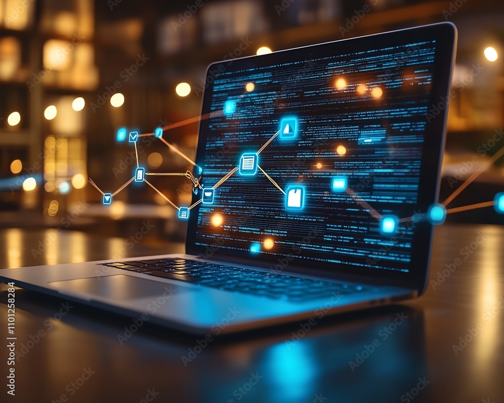 Poster closeup of a laptop displaying a creative digital chain of documents, with a blurry background, repr
