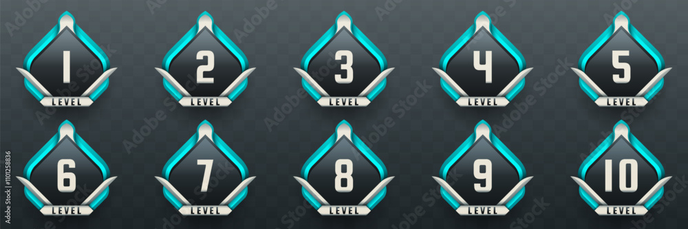Poster game level up badges in black, silver and cyan color-themed for game ui designs