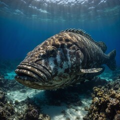 Obraz premium A giant grouper resting near a shipwreck in deep, crystal-clear water.