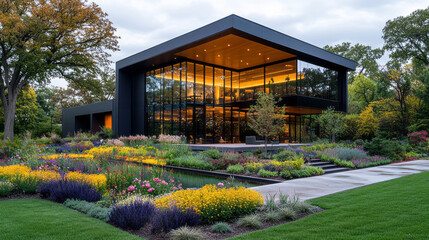 modern glass house with sleek black frames is surrounded by vibrant garden featuring colorful flowers and lush greenery, creating harmonious blend of architecture and nature