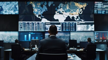 A CEO conducting a crisis management meeting in a high-tech war room with multiple screens showing real-time data and emergency updates, The setting includes detailed crisis management plans