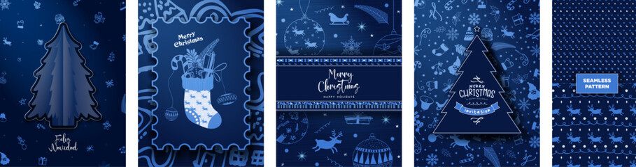 Blue Gradient Merry Christmas Greeting Card Posters, Xmas invitation template, and patterned background. Decorative Christmas Elements in monochromatic blue colors. Two seamless christmas patterns. 