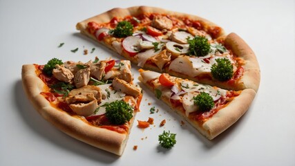 Floating pizza slices with chicken veggies and herbs