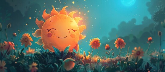 Radiant smiling sun beaming over a lush vibrant field of blooming daisies in a tranquil whimsical landscape  The scene exudes a sense of joy optimism and pure delight