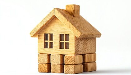 Wooden house model with stacked blocks featuring percentage signs, isolated on a white background, illustrating mortgage rate trends and housing finance