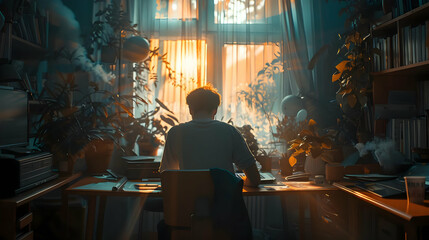 Fototapeta premium Sunrise Workspace Illustration: Person Working at Desk