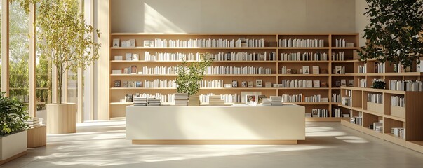 Beige book on the counter in a contemporary, spacious bookstore, clean aesthetic, bright and welcoming environment, 3D render