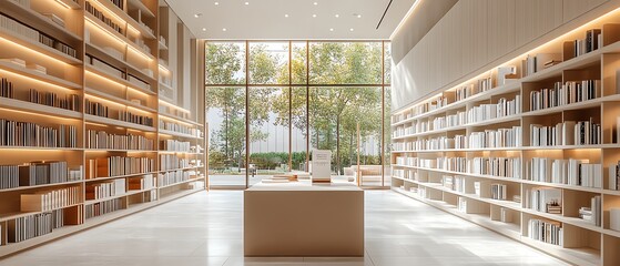 Fototapeta premium Beige book prominently displayed on a counter in a bright, modern bookstore, clean design, ambient lighting, realistic 3D rendering