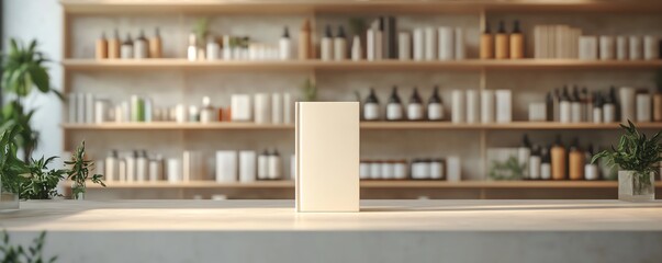 Beige book placed prominently on the counter of a trendy, welllit bookstore, minimalistic design, ultrarealistic 3D render