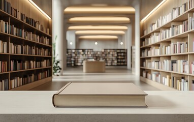 Obraz premium Beige book prominently displayed on a counter in a bright, modern bookstore, clean design, ambient lighting, realistic 3D rendering