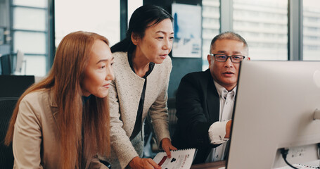 Mature, business people and mentor in training with computer for online transcription and company...