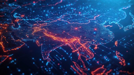 Digital Map of East Asia Illuminated with Red and Blue Lights