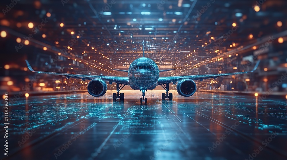Poster plane and cargo with blue technology structure rendering