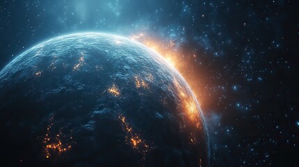 Obraz premium planet in the digital space with glowing lines rendering