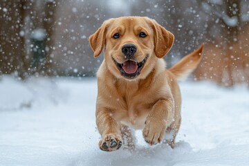 Happy Golden Retriever Running in Snow.