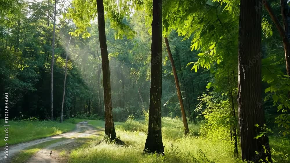 Poster a forest path is lined with trees and the sun is shining through the leaves. the scene is peaceful a