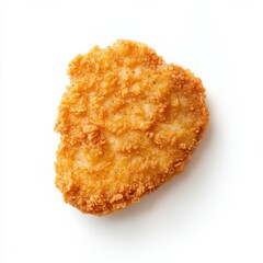 A single, perfectly crispy chicken nugget is displayed on a white background, showcasing its golden-brown texture, ideal for fast food imagery.