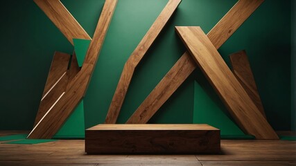 Abstract wooden podium with geometric shapes display