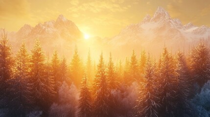 Fototapeta premium A serene sunrise over a snowy mountain landscape, with vibrant colors illuminating the scene.
