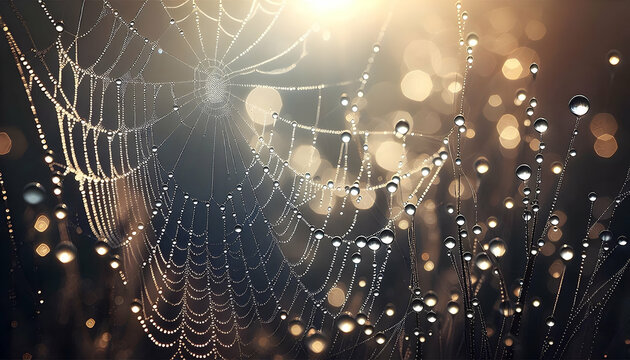 Nature A serene scene of tiny droplets on spider silk, glinting like pearls in morning sunlight