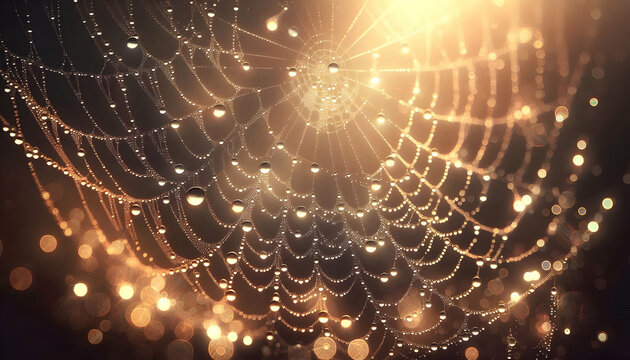 Nature A serene scene of tiny droplets on spider silk, glinting like pearls in morning sunlight
