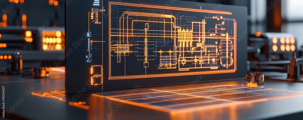 Poster a futuristic workstation displaying intricate circuit designs and glowing orange lines on a sleek, d