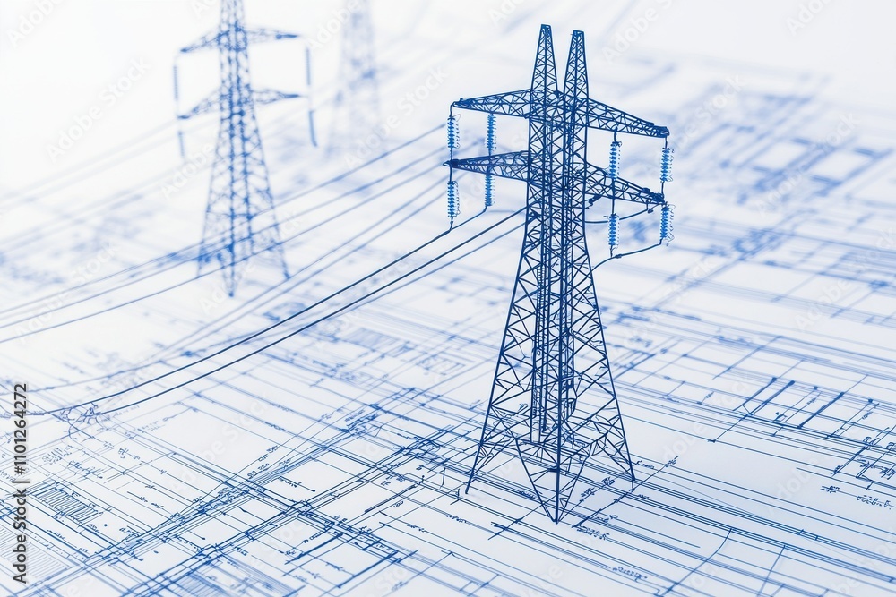 Poster a detailed blueprint of power lines and towers, emphasizing electrical infrastructure and engineerin