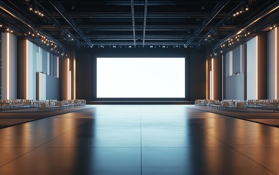Hightech event venue, large blank screen on stage, scattered seating arrangement, polished floors, detailed 3D rendering
