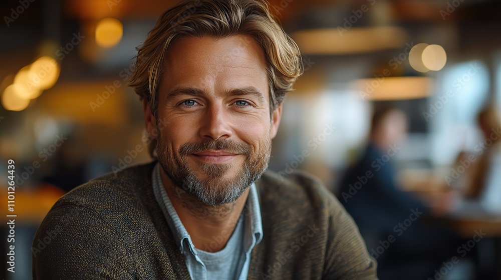 Poster portrait of enthusiastic white man working on computer in a modern bright office confident human res