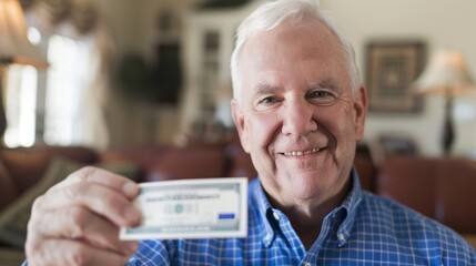 Senior man smiling joyfully as he receives a retirement payment check in a cozy living room, celebrating financial security and peaceful home life.