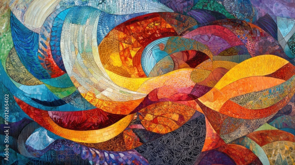 Poster unique abstract composition with flowing, intricate patterns and vibrant textures, ideal for art ent