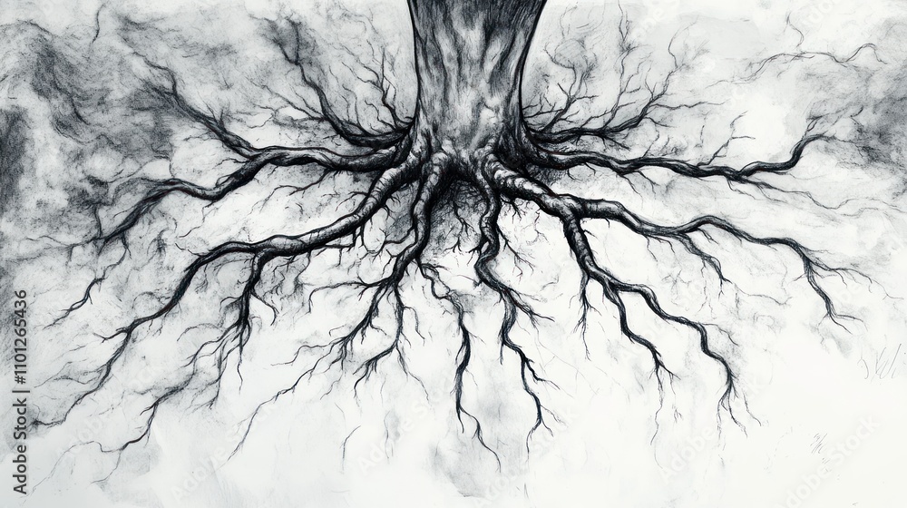Poster a detailed illustration of a tree's roots, emphasizing their intricate structure and depth.