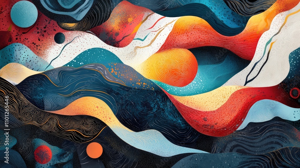 Poster unique abstract composition with flowing, intricate patterns and vibrant textures, ideal for art ent