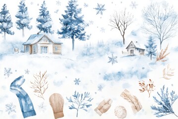 Winter Theme  Watercolor Set Art A detailed watercolor picture