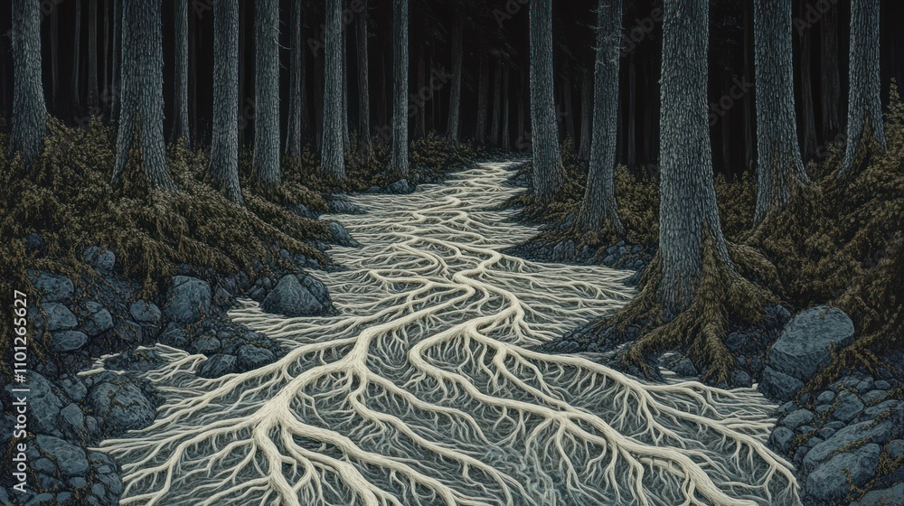 Poster a surreal forest scene with luminous roots flowing through dark trees and rocky terrain.