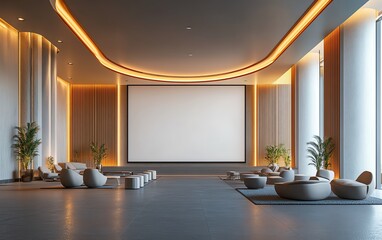Spacious event hall featuring blank screen on stage, modern seating layout, contemporary architecture, ultrarealistic 3D render