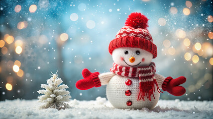 Fototapeta premium Snowman with red scarf and mittens on snowy field