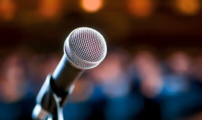 Focus on microphone with blurred background of audience at conference event. Generative AI 